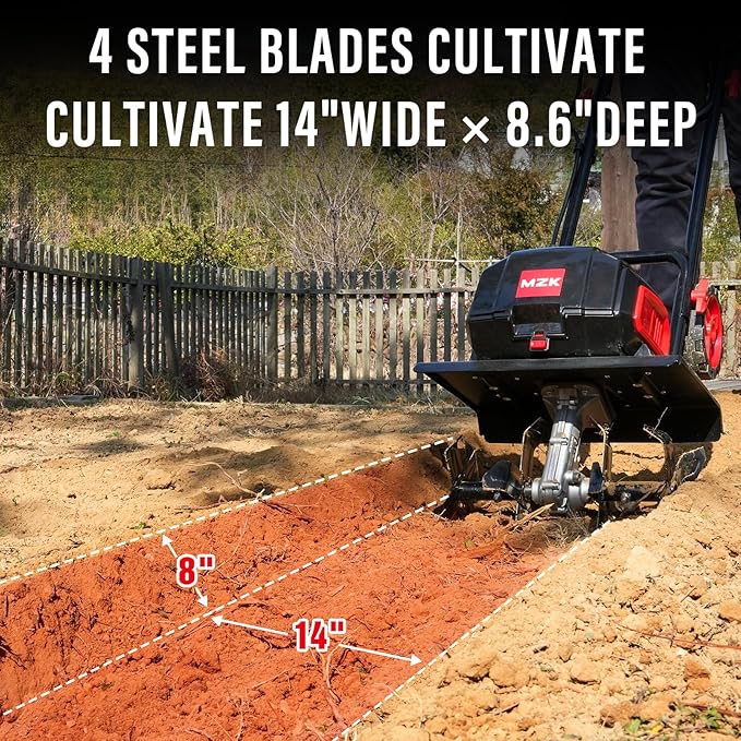 MZK 40V 12-inch Cordless Garden Tiller, 12In Width and 8.6In Depth Garden Rototiller,Battery Powered Garden Cultivator for Lawn/Gardening/Soil Cultivation(2 * 4.0Ah Battery&Charger Included),TC12D02