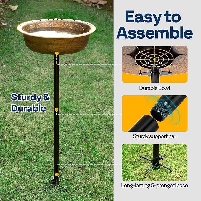 VIVOHOME Polyresin Bird Bath Bowl with Metal Stake, 29 Inch Height Outdoor Freestanding Birdfeeder, Capacity 1.4 Gallons, 5-Pronged Base, Copper