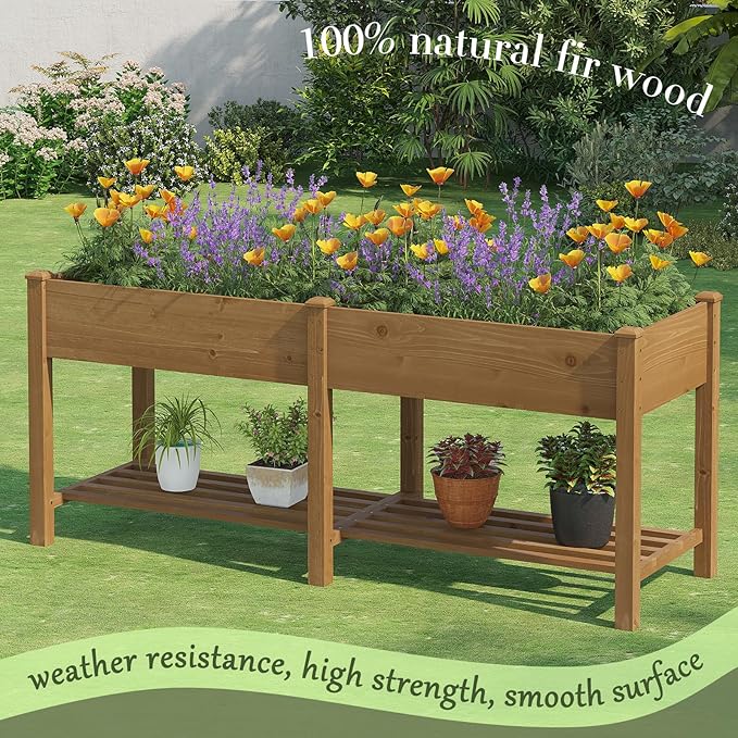Wooden Raised Garden Bed ，Planter Box with Legs, Wooden Planter -Grow Herbs and Vegetables Outdoors – Naturally Rot-Resistant - Unmatched Strength Lasts Years (Brown-L)