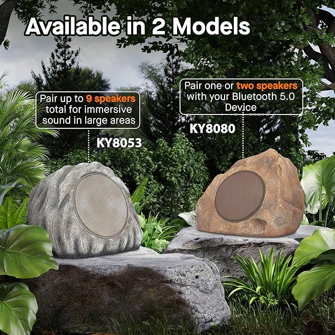 Homewell Outdoor Rock Speaker Solar-Powered Wireless Bluetooth 5.0 Portable Speaker Weatherproof for Patio, Pool, Deck, Yard, Garden and Home (Brown, 2-Pack)