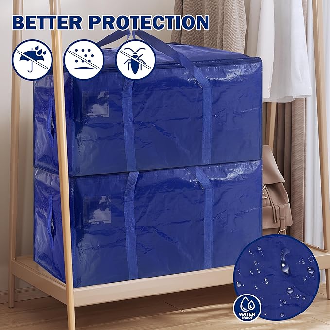 12 Pack Extra Heavy Duty Large Moving Bags with Strong Zipper & Carrying Handles, Sturdy Clothes Storage Bags Totes Bins, Packing Bag Move Boxes College Moving Supplies, Dark Blue - 24 gal