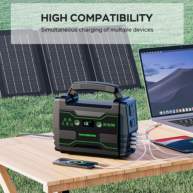 MARBERO Solar Powered Generator 155Wh with 30W Foldable Solar Panels 100W AC Output Lithium Battery Portable Power Station with AC DC and USB Outputs for Camping Emergency Home Backup Blackout Hiking