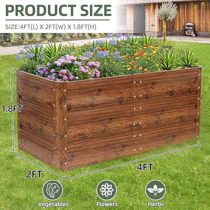 1MORE Raised Garden Bed- 4x2x1.8ft Planter Garden Boxes Outdoor, Raised Beds for Gardening, Large Metal Garden Bed Kit for Vegetables Flower, Deep Root Planter Raised Beds with Tools.Grain,2pack