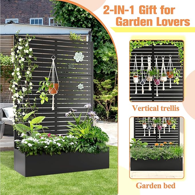 Metal Planter Box with Trellis Raised Garden Bed with Trellis 71"x47"x16", Trellis with Planter Box & Privacy Screen, Metal Planter Box for Climbing Plants, Vegetable, Vines(Black, Louvered)