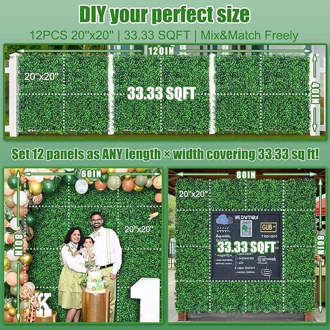 20"x20" Grass Wall,12PCS Artificial Boxwood Panels,4 Layers Plant Wall, Greenery Backdrop,Privacy Hedge Screen,Green Panels Decor for Outdoor Garden and Indoor Home Wedding