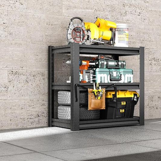 3-Tier Metal Shelf, Small Storage Shelves Heavy Duty Garage Shelving Organization, Utility Tool Storage Racks for Workshop Basement Kitchen Balcony (Black)