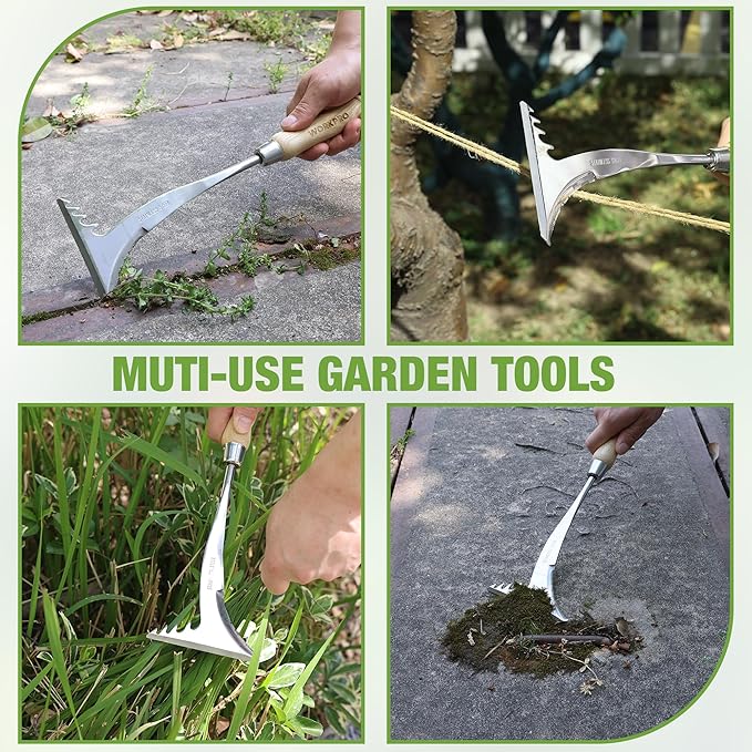WORKPRO Crack Weeder, 13.5" Stainless Steel Crevice Weeding Tool with Wooden Handle, L-Shaped Side-Walk Weed Puller Spatula, for Garden Lawn Yard Patio Terrace Paving Garden Tool