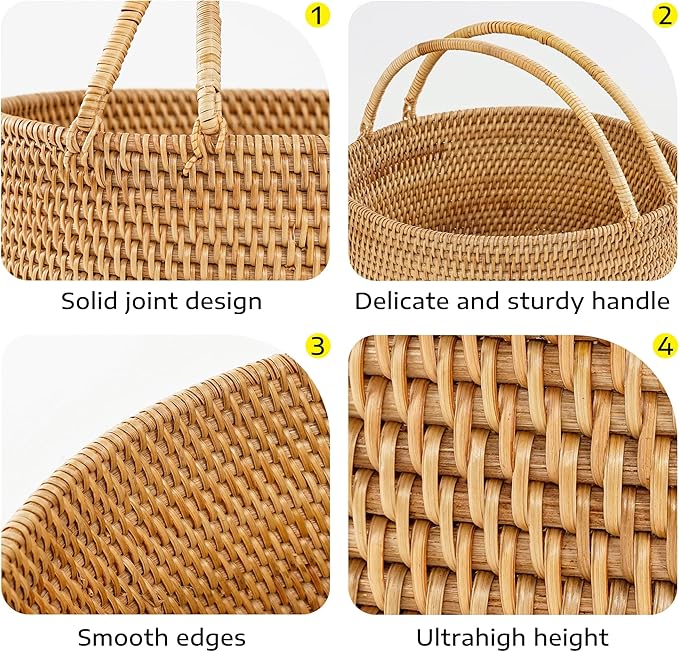 Rattan Picnic Basket with Handles, Oval Wicker Gift Basket for Wedding, Camping(13"×13"×5.1")