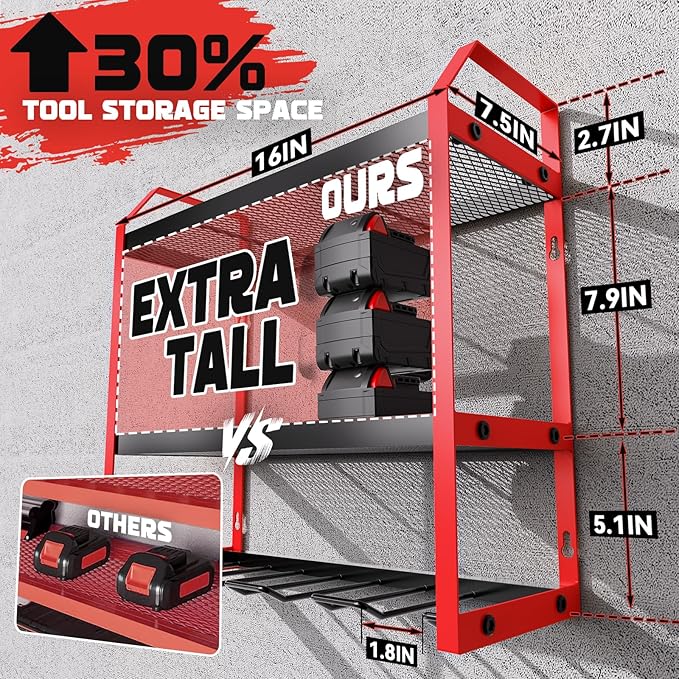 Power Tool Organizer Wall Mount with Broom Holder Combo, Red & Black 3-Tier Garage Storage Rack with Battery Storage, 4 Drill Holder Slots, Heavy Duty Steel 150LB Capacity