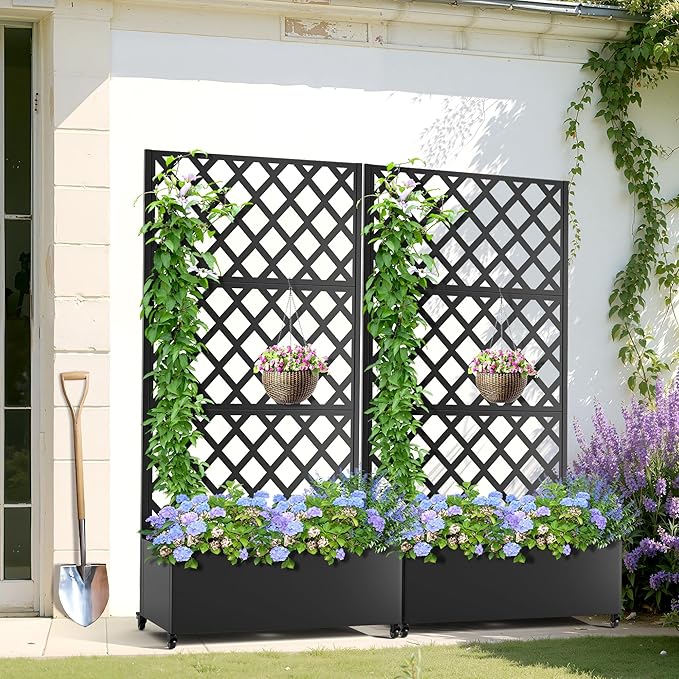 Metal Planter Box with Trellis, Heavy-Duty Raised Garden Bed for Climbing Plants, Drainage Hole, Outdoor Planter Box with Privacy Screen，35''L×16''W×71''H