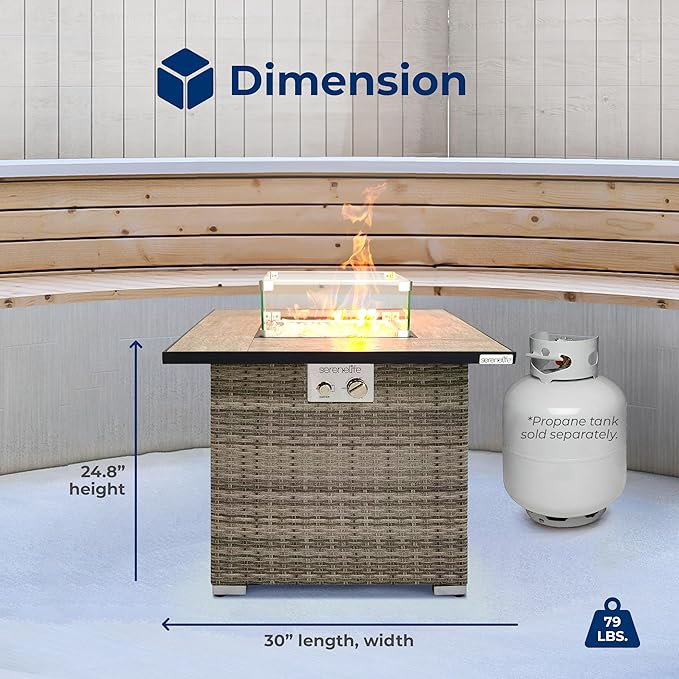 Outdoor Propane Fire Pit Table - CSA/ETL Certified Safe 50,000 BTU Pulse Ignition Weatherproof Square Wicker Propane Gas Fire Table w/Tile Tabletop Adjustable Flame - Glass Rocks
