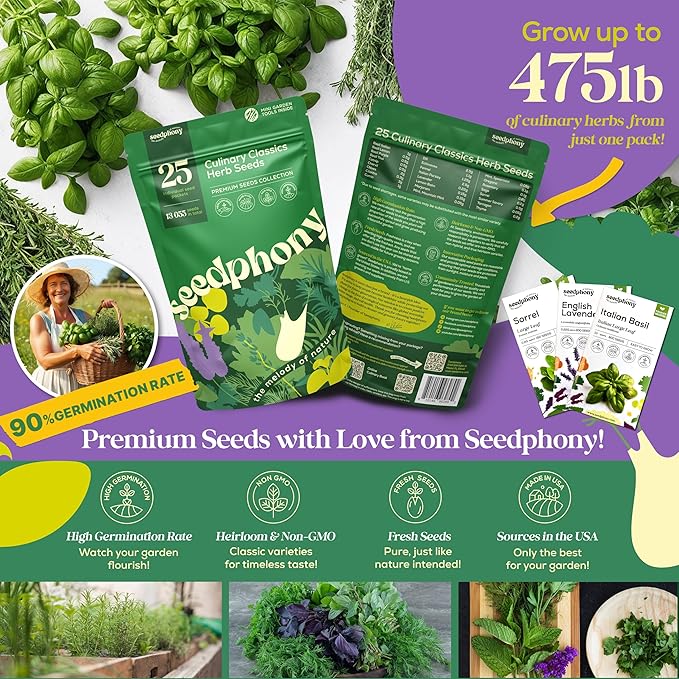 25 Culinary Classic Herb Seeds Variety Pack - 13,055+ Non-GMO Heirloom Herbs Seeds for Planting Indoor & Outdoor: Lavender, Rosemary, Dill, Mint, Catnip, Basil - Gardening Seeds Packets