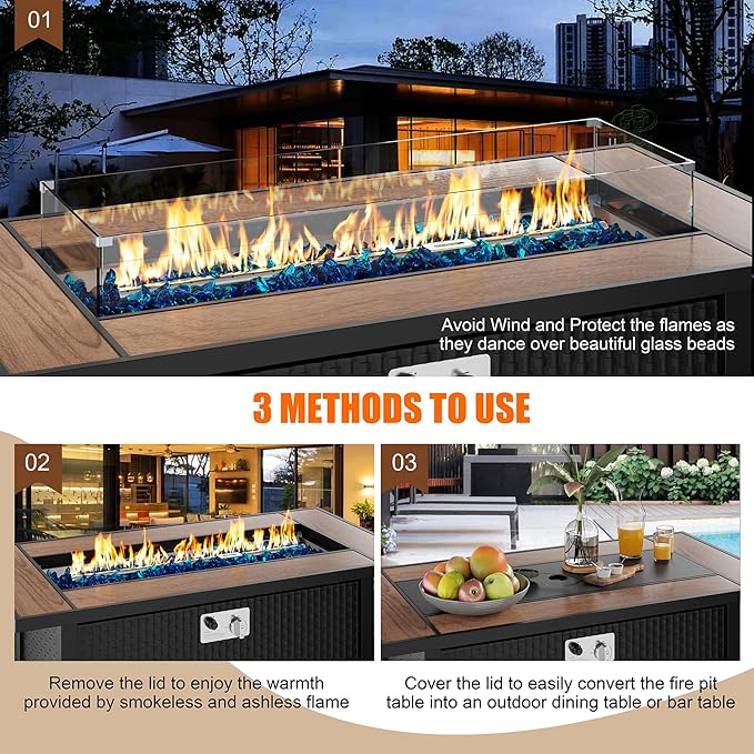 45 inch Outdoor Propane Fire Pit 50,000 BTU Gas Fire Pit Table with Walnut Tabletop, Glass Wind Guard, Waterproof Cover, Rectangle Gas Firepit Table for Garden/Patio,CSA Certification