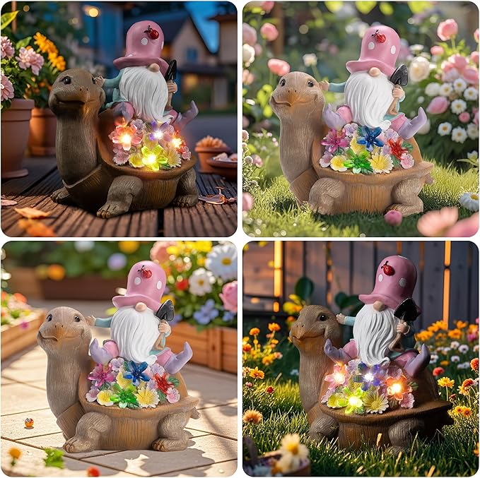 Solar Garden Outdoor Statue Turtle Gnome with Succulent and LED Light - Patio,Lawn,Garden,Tortoise Statue for Patio,Unique Housewarming Gifts