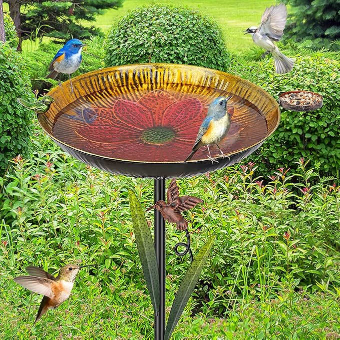 Metal Bird Bath for Outside, 41.5" Detachable Birdbath with Bowl & Decorative Birds, Easy to Clean Iron Garden Birdbath & Feeder for Outdoor Garden Lawn Yard Decor(Red+Yellow)