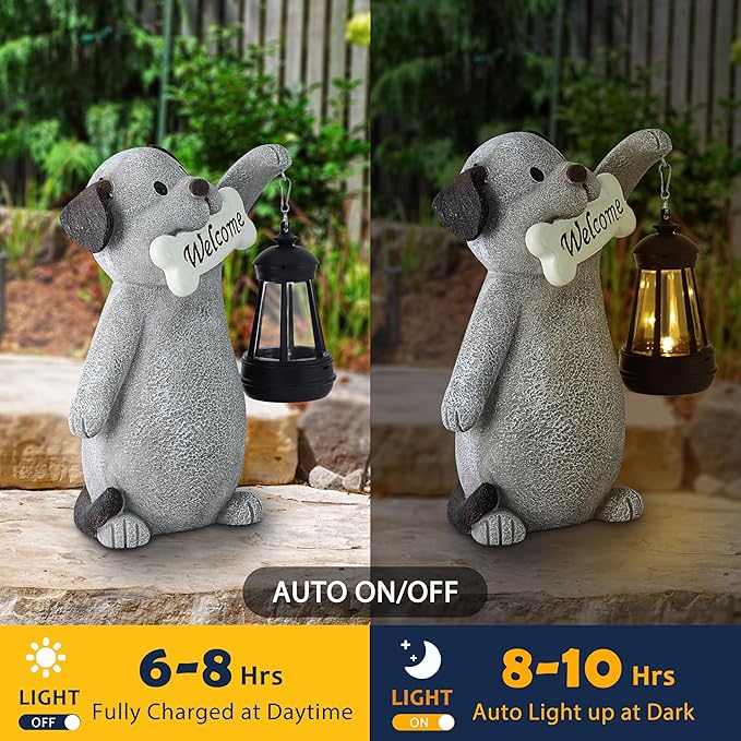 Solar Dog Statues for Garden Decor - Outdoor Dog 9.2in Figurines with Solar Lantern for Yard Patio Lawn Balcony Ornaments - Garden Gifts for Mothers Day, Grandma, Easter