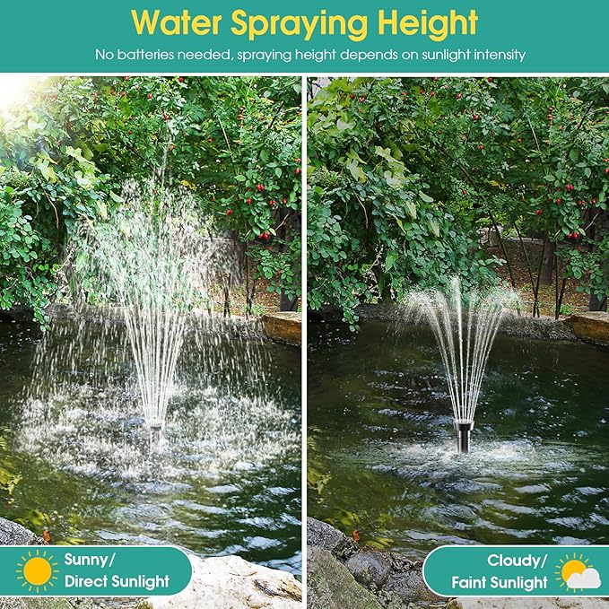 12W Solar Fountain Pump, Solar Powered Water Pump 160GPH Adjustable Flow, Solar Water Fountain Pump with 16.5Ft Cord Length/6.6Ft Tubing for Ponds, Fish Tank, Wildlife Garden, Fountains