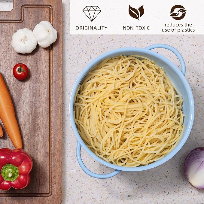 Metal Colander 5 Quart Powder Coated Self-draining Metal Strainer with Base,Kitchen Pasta Fruit Vegetable Basket with Double Handles,blue