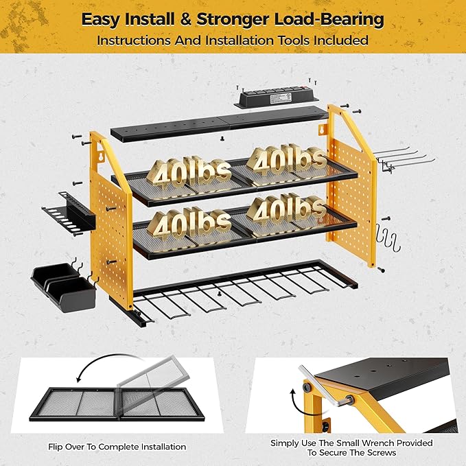 LBT Power Tool Organizer With Charging Station,Patented,Heavy Duty Steel,6 Drilling Rig Sizes With Hooks And Screw Boxes,6 sockets,Easy To Install Garage Storage Rack,Great Gift For Men, Yellow