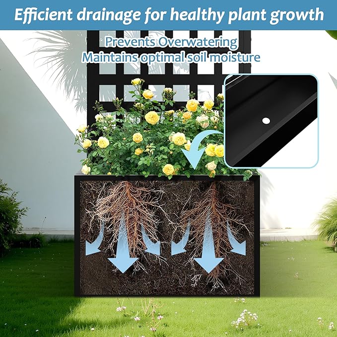 Metal Planter Box with Trellis, Raised Garden Bed with Privacy Screen, Outdoor Standing Flower Beds with Drainage Hole for Climbing Plants, Vine, 23" L x 12" W x 63" H, Black