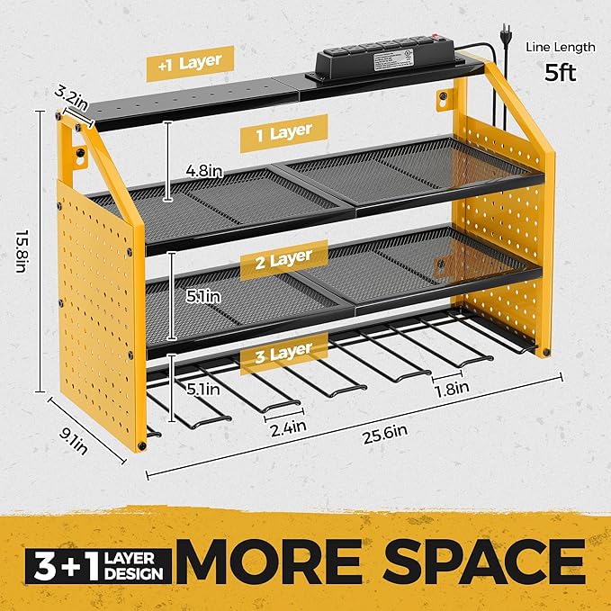 LBT Power Tool Organizer With Charging Station,Patented,Heavy Duty Steel,6 Drilling Rig Sizes With Hooks And Screw Boxes,6 sockets,Easy To Install Garage Storage Rack,Great Gift For Men, Yellow