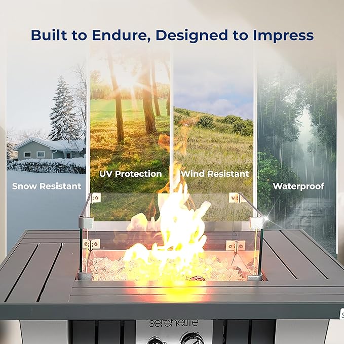 SereneLife Propane Fire Pit Table with Sturdy Metal, Gas Pits with 50,000 BTU and Stainless Steel Fire Pan, Includes Decorative Glass Rocks, Weather Cover, CSA Certified for Outdoor Fireplaces