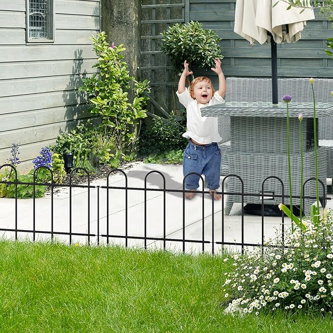 Metal Garden Fence 18 in H x 16 ft L, No dig Garden Border Yard Fencing, Dog Fence Outdoor Temporary Animal Barrier for Flower Bed Lawn and Patio, 8 Panels + 9 Stakes Black