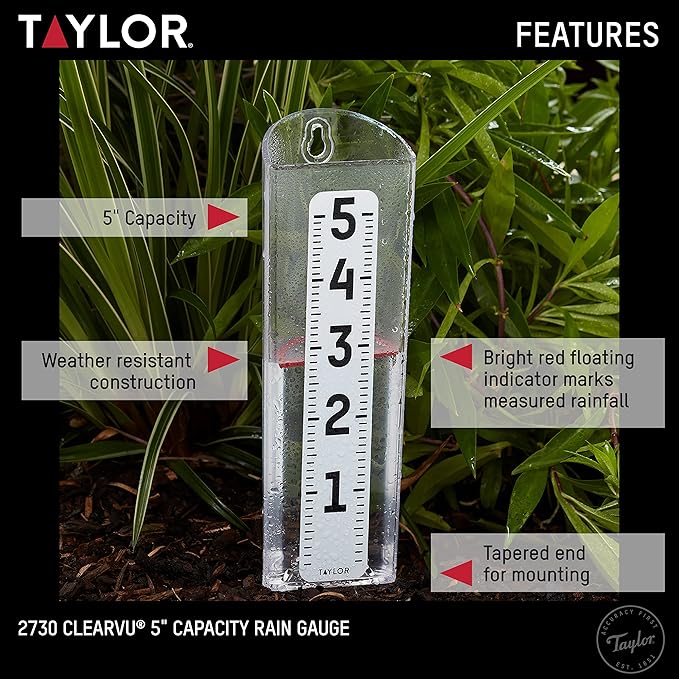 Taylor 2730 ClearVu Rain Gauge with Post Mounting Bracket, Measure and Monitor Precipitation, Easy to Read for Backyard, Patio, Garden, and Lawn, 5-inch, Clear