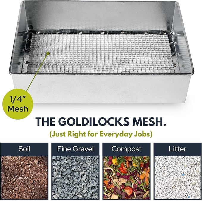 Soil Sifter, Standard Size (12 x 10 inches) with 1/4-inch Mesh, Trapping and Garden Sieve for Dirt, Sand, Rocks, and Compost