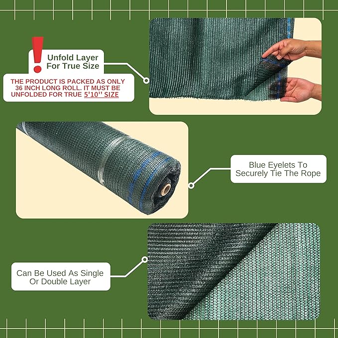 WindscreenSupplyCo] 60% 5'10'' x 100 FT Eyelets Shade Cloth Roll Sunblock Shade UV Resistant Net for Garden Greenhouse Flower Plant Patio Kennel, Green - PS6160GRN