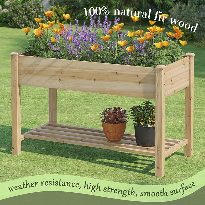 Wooden Raised Garden Bed ，Planter Box with Legs, Wooden Planter -Grow Herbs and Vegetables Outdoors – Naturally Rot-Resistant - Unmatched Strength Lasts Years (Natural-M)