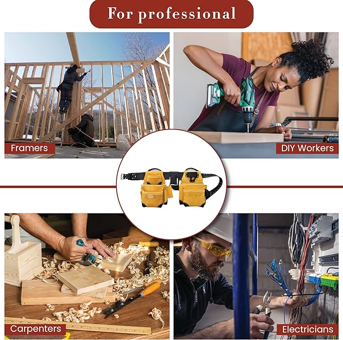 Style n Craft 4-Piece and 17-Pocket Pro Framer’s Combo, Tool Belt with 2 Tool Pouches and 1 Pliers and Hammer Holder, Full-Grain Leather Tool Belt Combo, Yellow with Black Leather Corners (93414)