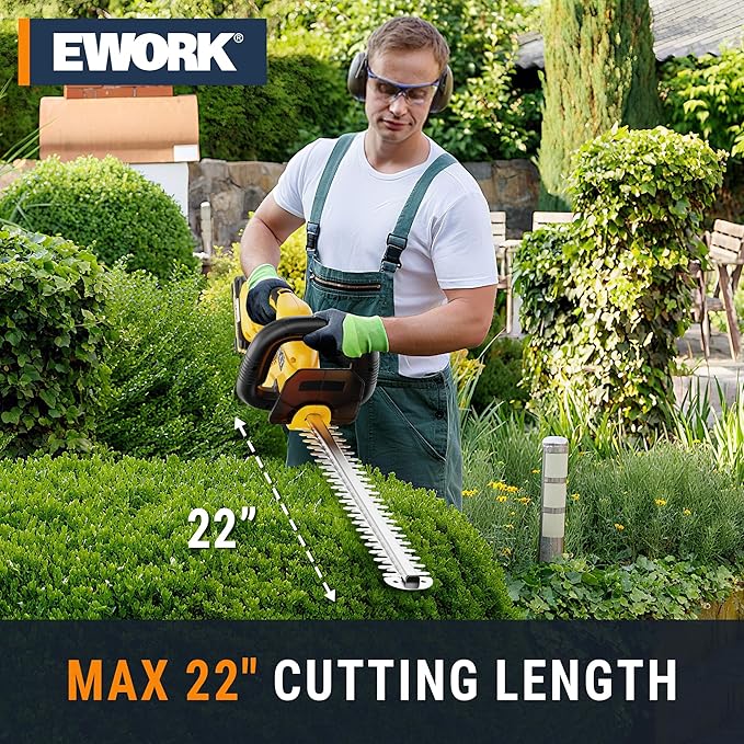 EWORK 20V Cordless Hedge Trimmer 22-Inch Electric Bush Trimmer, 5/8" Cutting Capacity, Battery Powered Lightweight Handheld Shrub Trimmers with Battery and Charger for Garden, Yard