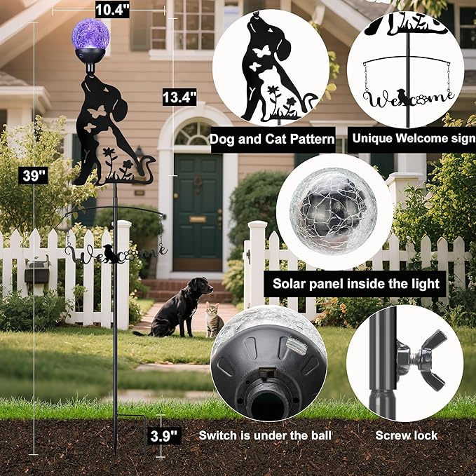 Solar Dog Light Outdoor Decorative,Metal Black Dog&Cat Silhouette Solar Garden Stake,Multi-Colored Changing Glass Ball with LED Light,Welcome Yard Sign Lawn Ornament Decor Gifts for Women