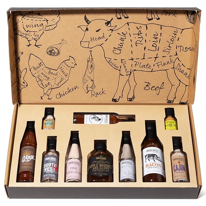 Smokehouse by Thoughtfully, Ultimate BBQ Sampler Set, Vegan and Vegetarian, Includes a Variety of Flavorful USA Made BBQ Sauces, Rubs, and Salts for Smoking and Grilling in Sample Size Glass Bottles