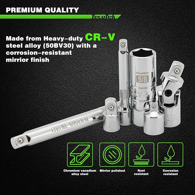 17-Pieces Drive Tool Accessory Set, Spark Plug Socket Set, Includes 1/4" & 3/8” Drive Extension Bar, Socket Adapter, Universal Joints, Spark Plug Sockets, Professional Socket Accessories, Cr-V