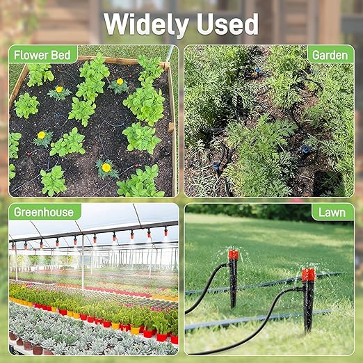 59FT Drip Irrigation System Kit, Garden Watering System with 1/2" 1/4" Tube Hose Adjustable Nozzle Barbed Fittings, Micro Misting Sprinkler System for Plant Lawns Raised Beds Greenhouses