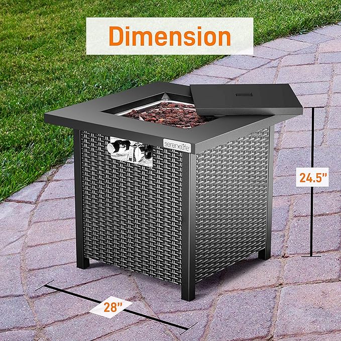 SereneLife 28" Propane Gas Fire Pit Table - 40,000 BTU Outdoor Fireplace with Cover, Stainless Steel Burner & Control Panel, Adjustable Flame, Weather Resistant, Easy Assembly, Outdoor Décor