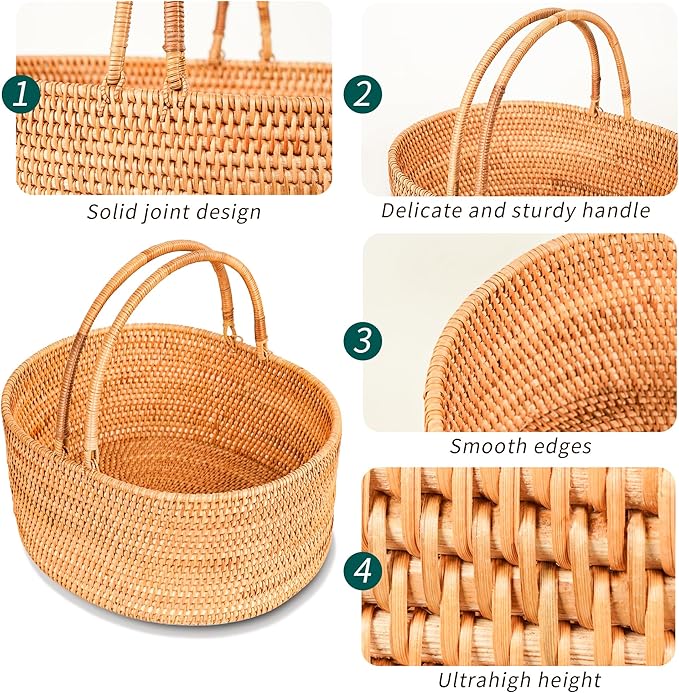 15"×11"×7" Rattan Picnic Basket with Handles, Large Oval Gift Baskets, Hand-Woven Basket for Fruit, Empty Gift Basket for Festival, Wedding, Camping