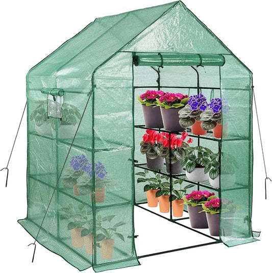 Greenhouses for Outdoors, PE Walk in Greenhouse with 2 Side Mesh Windows, Portable Green House with Anchors & Ropes Stands Up to Wind, 56"x56"x78"Green