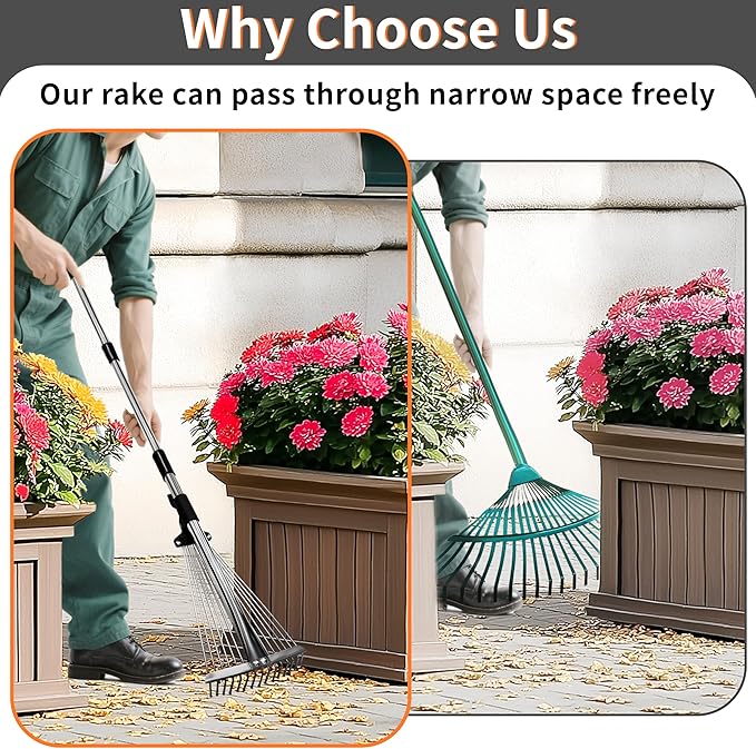 2 Packs Garden Rake for Leaves – Heavy Duty Metal Leaf Rake for Lawns with Adjustable Handle (33"-69") & Expandable Head (8"-15") – Durable for Lawn, Shrub, Garden Beds – Essential Gardening Tools