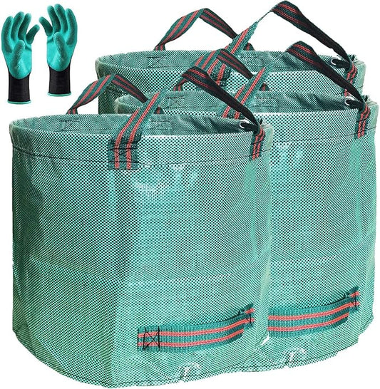 Professional 3-Pack 80 Gallons Lawn Garden Bag Leaf Waste Bags (D26, H33 inches) with Coated Gardening Gloves,Reuseable Heavy Duty Patio Bags,Grass Pool Bags,Home Yard Trash Bags with 4 Handles