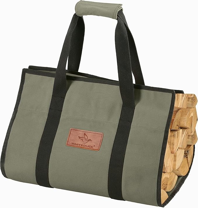 WHITEDUCK TUFF Large Firewood Carrier 21 Oz. Heavy Duty Waxed Canvas Log Carrier Holder for Fireplace, Carrying Wood Indoor & Outdoor (Olive, Rectangle (39"x18"))