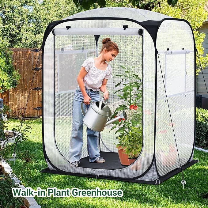 Ohuhu Pop Up House - Fast Set-up Small Greenhouse Walk in Portable Greenhouses Indoor Outdoor with Removable PE Mat & Mesh Window for Protecting Plant from Cold Frost & Birds 48 x 48 x 63.7''