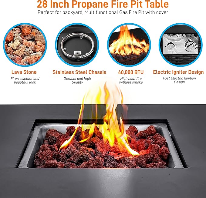 SereneLife 28" Propane Gas Fire Pit Table - 40,000 BTU Outdoor Fireplace with Cover, Stainless Steel Burner & Control Panel, Adjustable Flame, Weather Resistant, Easy Assembly, Outdoor Décor