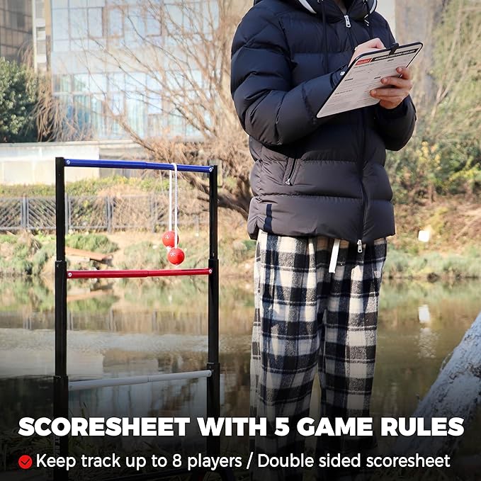 Outdoor Games Ladder Ball Set - Patented Assembly Free Portable Ladder Toss - Steel Frame Includes Carrying Case, 6 Bolas and Scoresheet