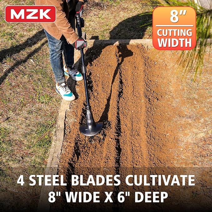 MZK 20V Cordless Tiller Cultivator with Steel Tines,8-inch Wide Battery Powered Garden Cultivator, 360RPM Electric Tiller for Lawn/Gardening/Soil Cultivation(2 * 2AH Battery&Charger Included),TC08D01
