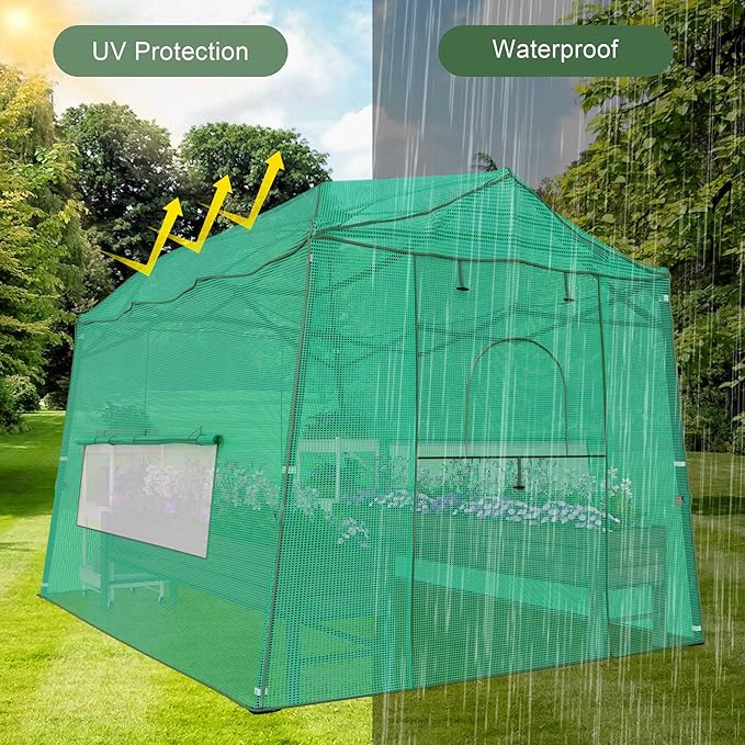 11 x 8.5 FT Walk-in Greenhouse, Portable Pop-up Green House 3 Adjustable Hights Heavy Duty Plant Gardening Canopy with Durable PE Cover for Indoor Outdoor (Clear and Green)