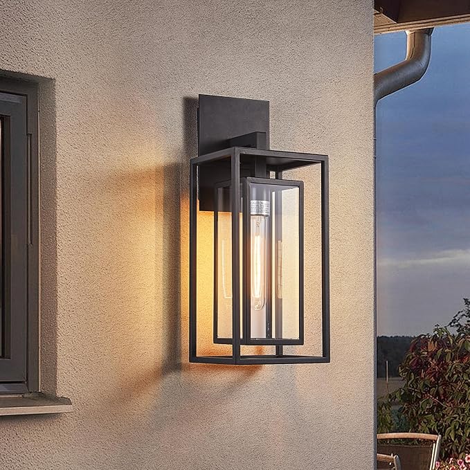 18"Ht Modern Industrial Outdoor Wall Light Fixture with Textured Black Anti-Rust Metal and Clear Glass, Wet Rated for Exterior House Porch Patio Outside Deck Garage Yard Front Door Garden