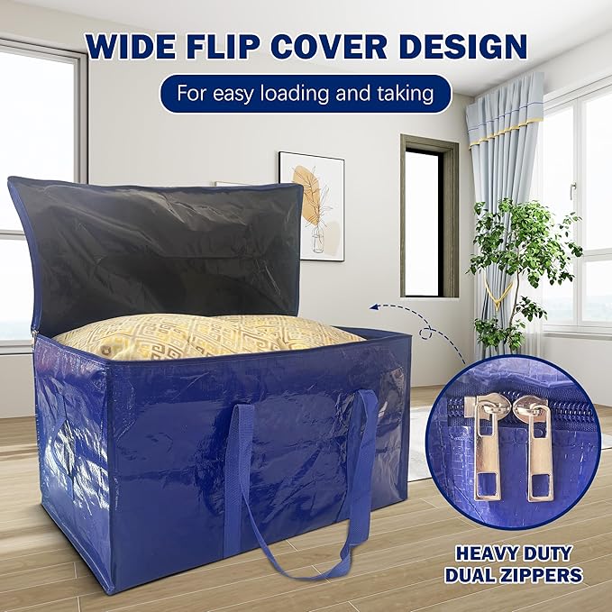 12 Pack Extra Heavy Duty Large Moving Bags with Strong Zipper & Carrying Handles, Sturdy Clothes Storage Bags Totes Bins, Packing Bag Move Boxes College Moving Supplies, Dark Blue - 24 gal